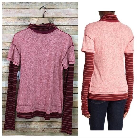 NWT Free People Piper Twofer Long Sleeve Tee – Washed Red Combo - Small - Picture 2 of 15